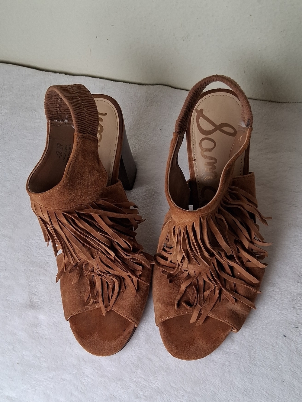 Sam Edelman Tan Suede Fringe Block Heel Sandals